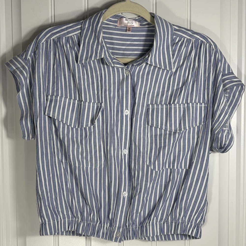 Dizzy Lizzy Women's M Blue White Striped Button Front Short Sleeve Utility Top